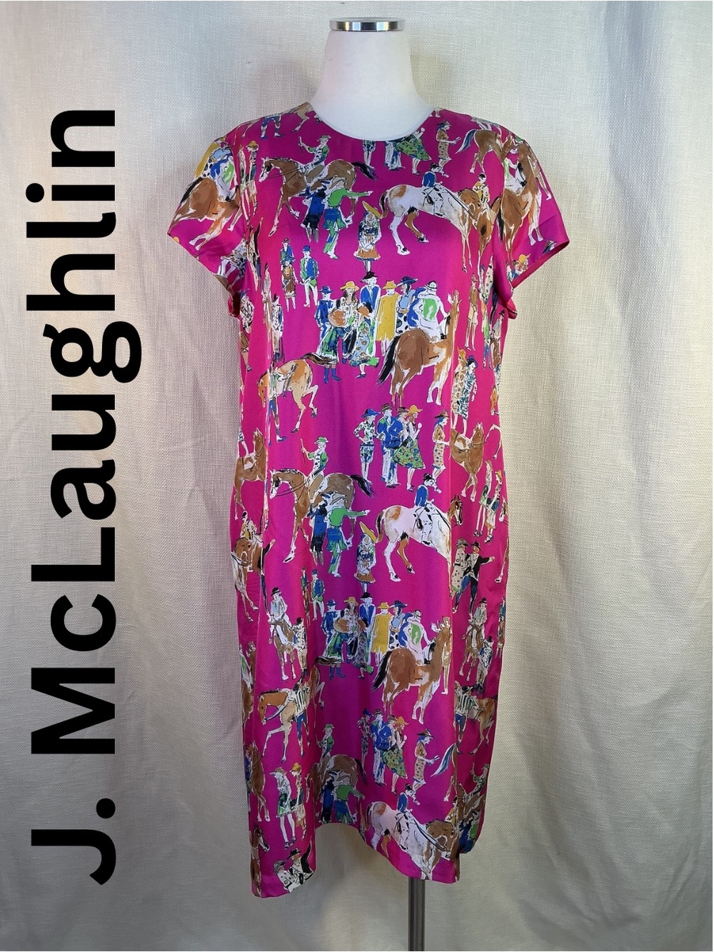 J McLaughlin 100% Silk Horse Jockey Equestrian Derby Shift Dress Pink Size L
